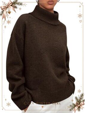 Womens Turtleneck Long Sleeve Chunky Knit Pullover Sweater Loose Fit